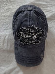 Distressed Baseball Cap with Rhinestone Detail