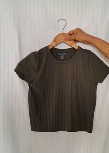 Ribbed Olive Green Cropped T-Shirt