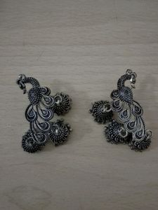 Pair Of Oxidised Peacock Jhumkis