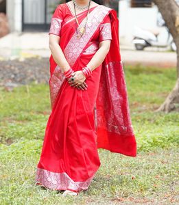 Elegant Red Silk Saree with Silver Border