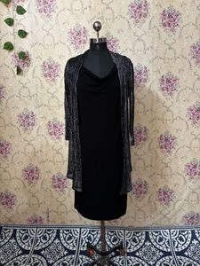 Chic Black Dress with Shimmer Cardigan