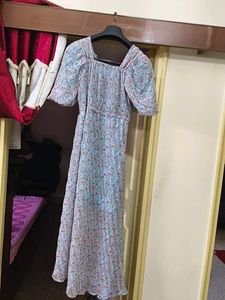 Light Blue Floral Square Neck Maxi Dress