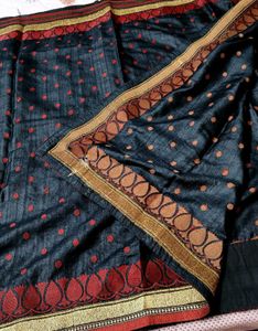 Black Red Zari Embroidered Tussar Silk Saree