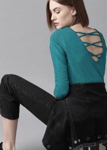 Roadster Teal Long Sleeve Lattice Back Top