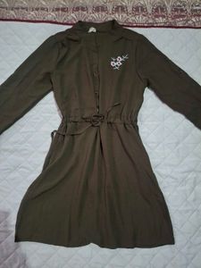 Olive Green Button-Up Dress with Floral Embroidery