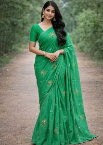 Elegant Green Embroidered Saree with readymade blo