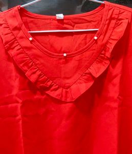 Red Ruffle Neck Short Sleeve Top