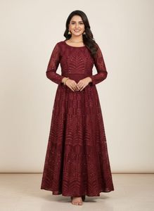 Elegant Maroon Embroidered Ethnic Gown with duppta