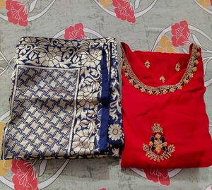 Red Embroidered Kurti with Navy Banarasi Dupatta