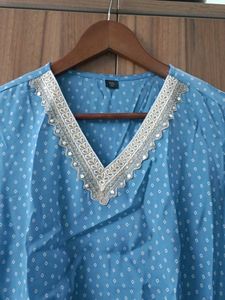 Blue Polka Dot Kurta Set with Lace Trim