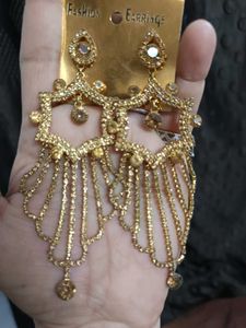 Gold Plated Stone Studded Long Dangler Earrings