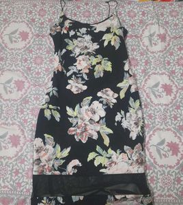 Vintage Black Floral Slip Dress with Mesh Trim