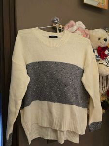 Cream &amp; Grey Striped Knit Sweater