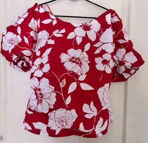 Red Floral Print Puff Sleeve Top
