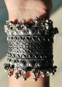 Silver Oxidised Cuff Ghunghroo Bracelet
