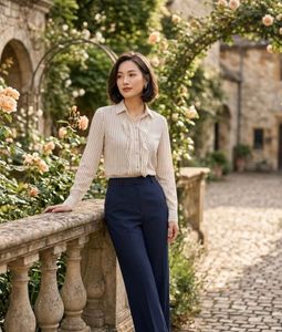 Elegant Striped Blouse & Navy Trousers Set