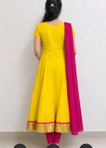 Vibrant Yellow Kurta Set with Pink Dupatta