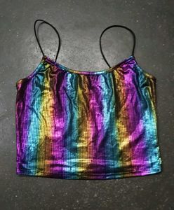 Rainbow Metallic Spaghetti Strap Crop Top