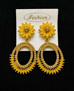 Yellow Floral Oval Drop Earrings
