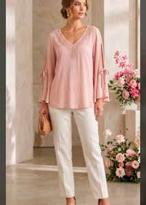 Elegant Pink V-Neck Top with Tie Sleeves