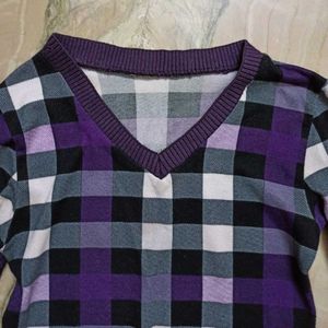 Purple Plaid V-Neck Woolen Top