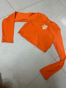 Bright Orange Cropped Top with Flower Detail