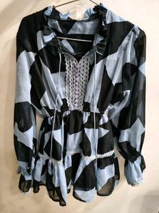 Sheer Geometric Print Ruffle top