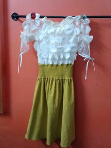white and olive green dress