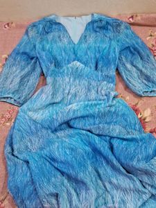 Blue Floral Dress with Puff Sleeves.