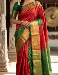 Vibrant Red & Green Saree without blouse