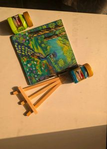 Mini peacock Landscape painting with wooden stand