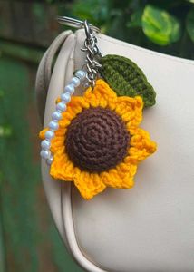 Crocheted Sunflower Keychain with Pearls