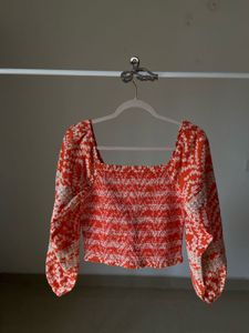 Orange Floral Smocked Crop Top w puff sleeves