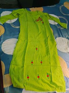 Green Striped Kurta with Floral Embroidery