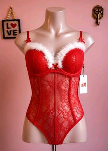 Red Lace Teddy with Fur Trim