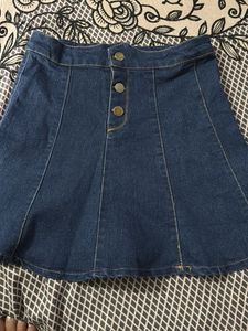 Pink Square Neck Ribbed Top &amp; Denim Skirt