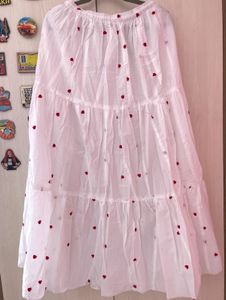 Tiered Heart Print Embroidered WhiteSkirt