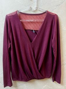 Burgundy V-Neck Wrap Top with Lace Detail