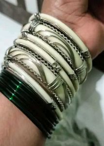 Elegant White &amp; Silver Bangles Set