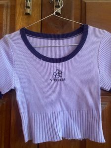 Purple Ribbed Crop Top with Flower Detail