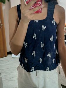 Navy Blue Heart Print Crop Top