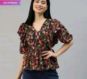 V-Neck Paisley Print Ruffle Sleeve Top