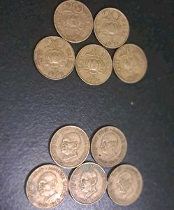 Ten 20 paisa brass lotus & Gandhi Coins