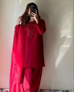 Elegant Red Kurta Set with Embellishments