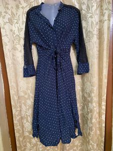 ZARA Navy Polka Dot Tie-Front Dress