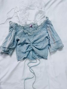 Cute Blue Smocked Crop Top