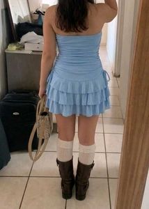 Light Blue Ruched Ruffle Mini Dress