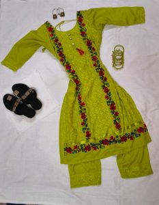 Bright Lime Green Floral Embroidered Suit