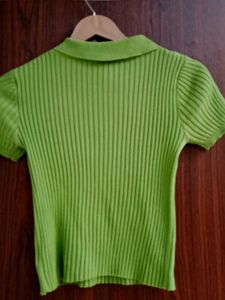 Beige Wide Leg Pants &amp; Green Ribbed Polo Top