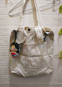 Cream Canvas Tote Bag with Wonder Woman Charm